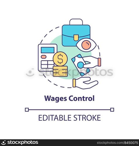 Wages control concept icon. Control employment. Controlling inflation abstract idea thin line illustration. Isolated outline drawing. Editable stroke. Arial, Myriad Pro-Bold fonts used. Wages control concept icon