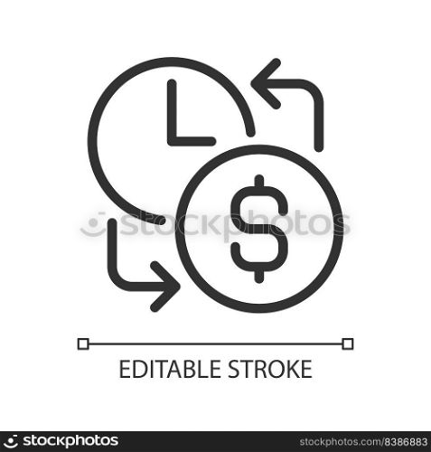 Wages pixel perfect linear icon. Hourly earnings. Employee monetary compensation. Overtime pay. Thin line illustration. Contour symbol. Vector outline drawing. Editable stroke. Arial font used. Wages pixel perfect linear icon