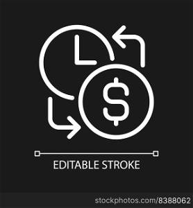 Wages pixel perfect white linear icon for dark theme. Hourly earnings. Employee monetary compensation. Thin line illustration. Isolated symbol for night mode. Editable stroke. Arial font used. Wages pixel perfect white linear icon for dark theme