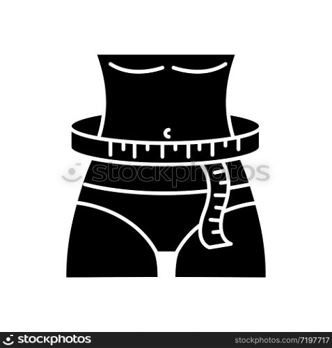 Waist circumference black glyph icon. Tailor measurements, slimming silhouette symbol on white space. Woman waistline width specification for bespoke female clothing. Vector isolated illustration