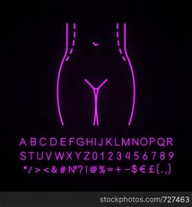 Waist correction surgery neon light icon. Flanks liposuction. Waist contouring and fat removal plastic surgery. Glowing sign with alphabet, numbers and symbols. Vector isolated illustration. Waist correction surgery neon light icon