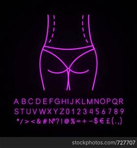 Waist correction surgery neon light icon. Flanks liposuction. Waist contouring and fat removal plastic surgery. Belt lipectomy. Glowing alphabet, numbers, symbols. Vector isolated illustration. Waist correction surgery neon light icon