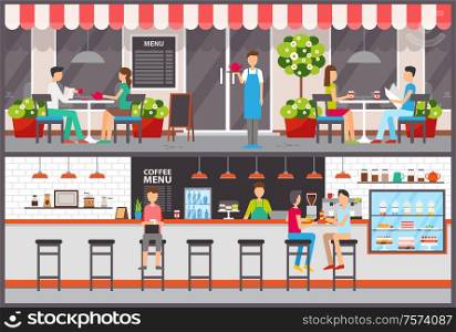 Waiter and barista, visitors in cafe or bar drinking tea or coffee, desserts in showcase vector. Interior and exterior, facade and tables, food and drinks. Cafe Bar Interior and Exterior, Waiter and Barista
