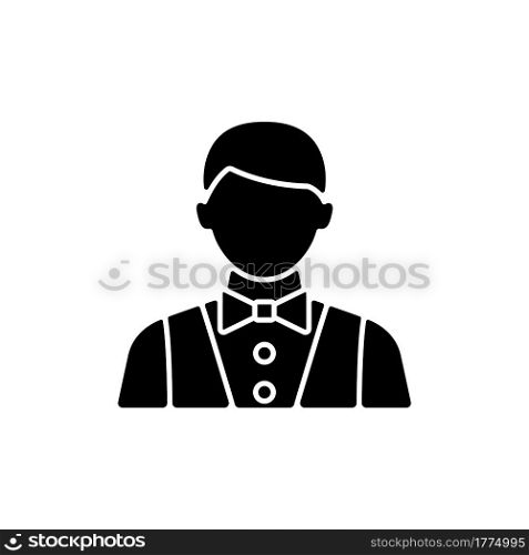 Waiter and barman black glyph icon. Serving foods in restaurants and dining rooms. Making meals for passengers during vacation. Silhouette symbol on white space. Vector isolated illustration. Waiter and barman black glyph icon