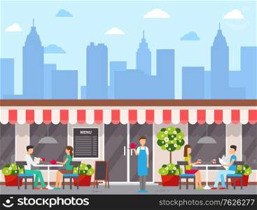 Waiter and visitors outdoors, city cafe exterior or facade vector. Wall menu and tables, couples drinking tea and coffee, skyscrapers silhouettes, downtown. Flat cartoon. City Cafe Facade or Exterior, Visitors at Tables