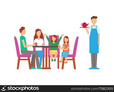 Waiter bringing order of family vector. People sitting by table with tea, small girl eating ice cream dessert. Father mother with children on holiday. Family Eating and Drinking at Restaurant Servant
