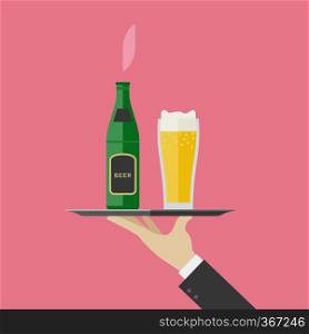Waiter brings a bottle and a glass of beer. Flat illustration of tray with beer and glass. Waiter brings beer