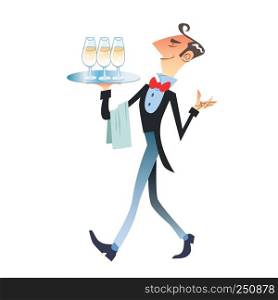 waiter carries champagne. Pop art retro vector illustration vintage kitsch. waiter carries champagne