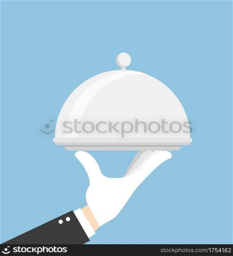 Waiter hand holding silver tray. Food serving restaurant. concept. Vector stock