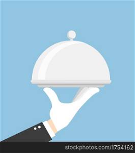 Waiter hand holding silver tray. Food serving restaurant. concept. Vector stock