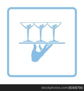 Waiter hand holding tray with martini glasses icon. Blue frame design. Vector illustration.
