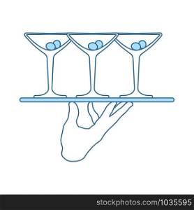 Waiter Hand Holding Tray With Martini Glasses Icon. Thin Line With Blue Fill Design. Vector Illustration.