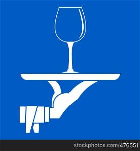 Waiter hand holding tray with wine glass icon white isolated on blue background vector illustration. Waiter hand holding tray with wine glass icon