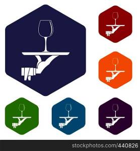 Waiter hand holding tray with wine glass icons set hexagon isolated vector illustration. Waiter hand holding tray with wine glass icons set
