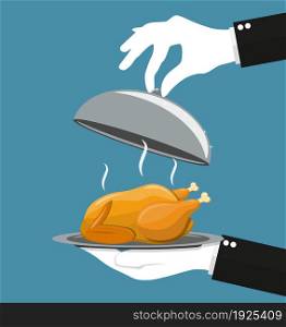 Waiter hand with silver cloche serving Roasted chicken on plate. vector illustration in flat style.. silver cloche serving Roasted chicken on plate.