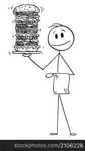 Waiter holding very high or big burger in fast food restaurant, vector cartoon stick figure or character illustration.. Waiter Carrying High or Big Burger in Restaurant, Vector Cartoon Stick Figure Illustration