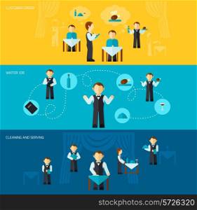 Waiter man banner flat set with customer order cleaning and serving elements isolated vector illustration