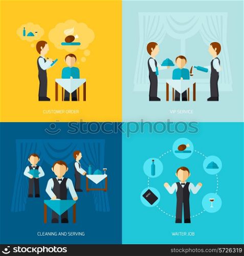 Waiter man job design concept with customer order vip service cleaning and serving icon flat set isolated vector illustration
