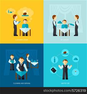 Waiter man job design concept with customer order vip service cleaning and serving icon flat set isolated vector illustration