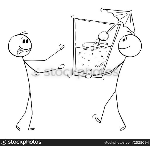 Waiter or person carrying big glass of alcoholic drink or cocktail, vector cartoon stick figure or character illustration.. Person or Waiter Holding Big Alcoholic Drink Glass with Cocktail, Vector Cartoon Stick Figure Illustration