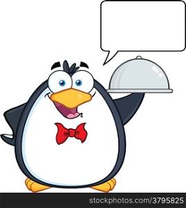Waiter Penguin Serving Food On A Platter With With Speech Bubble
