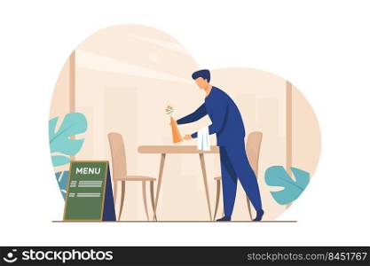 Waiter preparing cafe for opening. Restaurant worker cleaning table after customers leaving flat vector illustration. Catering, service, job concept for banner, website design or landing web page