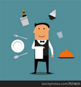 Waiter profession concept waitress in elegant uniform, surrounded by dinner set, champagne and ice bucket, ice cream sundae and fried chicken, silver tray and restaurant bill. Waiter, restaurant utensil and food icons