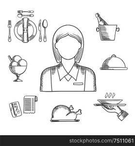 Waiter profession hand drawn icons with waitress in elegant uniform, surrounded by dinner set, champagne and ice bucket, ice cream sundae, fried chicken, cloche and restaurant bill. Sketch vector. Hand drawn waitress and restaurant items