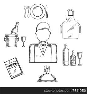 Waiter profession icons with waiter man in uniform, bow tie encircled by menu book, apron, tray with bottles and glass, champagne in ice bucket, plate with fork, knife and spoon, silver cloche. Vector. Waiter profession and restaurant catlery sketch