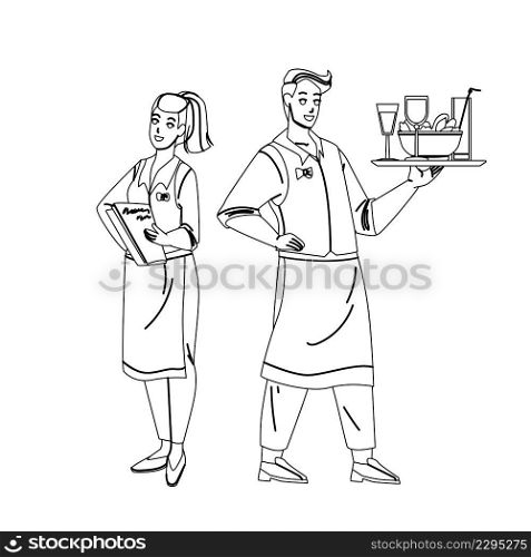 Waiter Restaurant Workers Man And Woman Black Line Pencil Drawing Vector. Young Boy Waiter Holding Tray With Drink And Salad Food, Girl With Menu Accept Order. Characters Catering Service Illustration. Waiter Restaurant Workers Man And Woman Vector