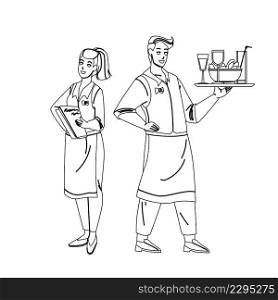 Waiter Restaurant Workers Man And Woman Black Line Pencil Drawing Vector. Young Boy Waiter Holding Tray With Drink And Salad Food, Girl With Menu Accept Order. Characters Catering Service Illustration. Waiter Restaurant Workers Man And Woman Vector