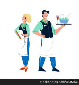 Waiter Restaurant Workers Man And Woman Vector. Young Boy Waiter Holding Tray With Drink And Salad Food, Girl With Menu Accept Order. Characters Catering Service Flat Cartoon Illustration. Waiter Restaurant Workers Man And Woman Vector