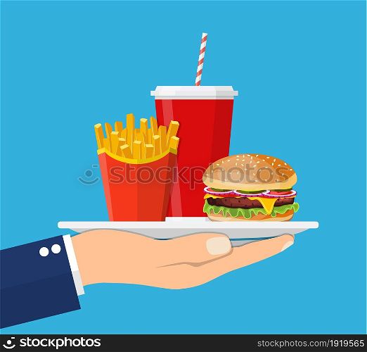 Waiter serving a hamburger french fries and soda. fast food concept. Vector illustration in flat style. Waiter serving a hamburger french fries and soda