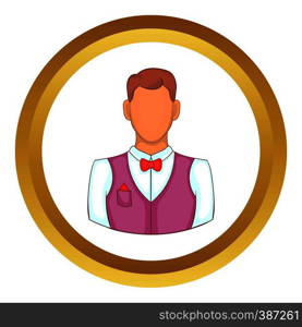 Waiter vector icon in golden circle, cartoon style isolated on white background. Waiter vector icon