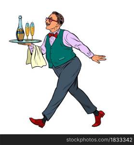 Waiter with a cap tray with glasses. Pop art retro vector illustration vintage kitsch 50s 60s. Waiter with a cap tray with glasses