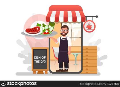Waiter with delivery food from restaurant flat vector cartoon character. Fast courier. Restaurant food service the determination of geolocation using electronic device