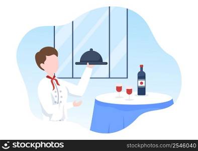 Waiter with Food Tray in his Hand for Customer on Cafe or Restaurant in Flat Cartoon Illustration