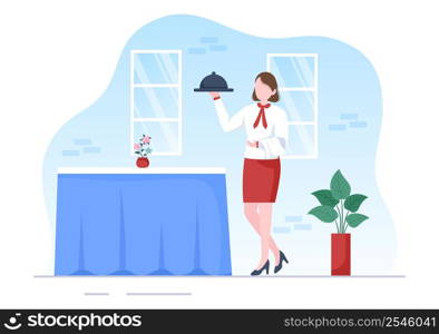 Waiter with Food Tray in his Hand for Customer on Cafe or Restaurant in Flat Cartoon Illustration