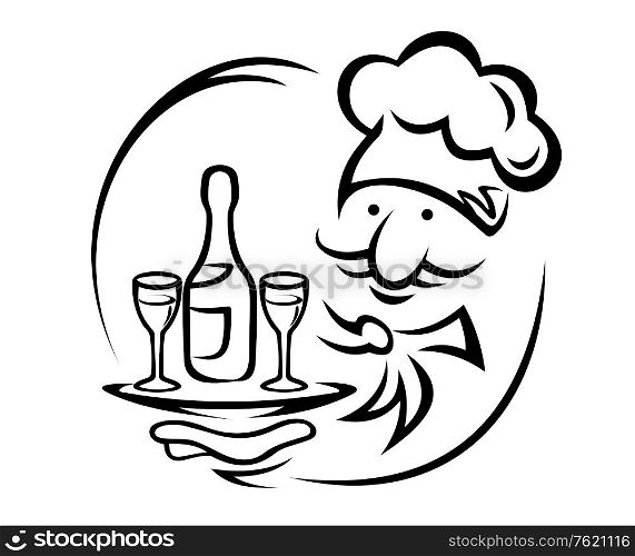 Waiter with tray and champagne for food service design