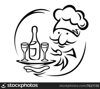 Waiter with tray and champagne for food service design