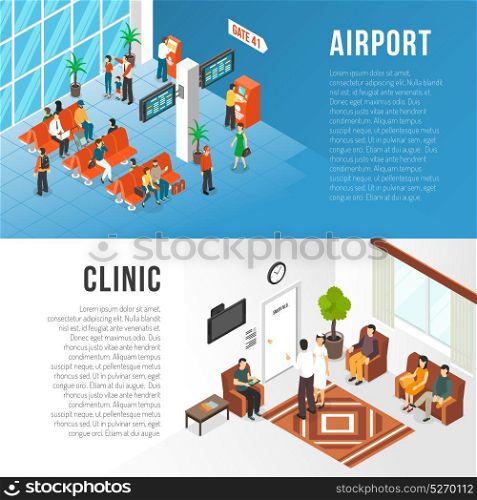 Waiting Area Banners Set. Waiting area horizontal banners set with airport and clinic symbols flat isolated vector ilustration
