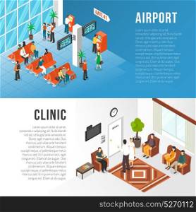 Waiting Area Banners Set. Waiting area horizontal banners set with airport and clinic symbols flat isolated vector ilustration