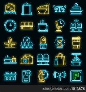 Waiting area icons set. Outline set of waiting area vector icons neon color on black. Waiting area icons set vector neon