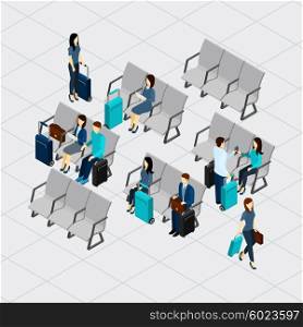 Waiting At The Airport Illustration. People waiting for departure at the airport with luggage isometric vector illustration
