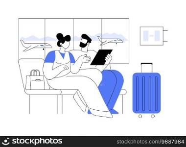 Waiting for boarding isolated cartoon vector illustrations. Happy couple looking at tablet, boarding waiting at the airport, before the vacation, expected departure time vector cartoon.. Waiting for boarding isolated cartoon vector illustrations.
