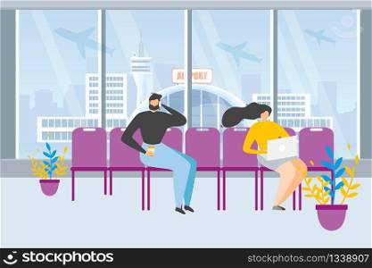 Waiting for Flight Flat Vector Concept. Airline Passenger Sitting in Airport Terminal Waiting Area or Lounge, Resting Between Flights, Drinking Coffee, Talking on Phone, Working on Laptop Illustration
