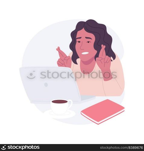 Waiting for results isolated cartoon vector illustrations. Nervous girl crossing her fingers and waiting exam results with laptop, university education process, student life vector cartoon.. Waiting for results isolated cartoon vector illustrations.
