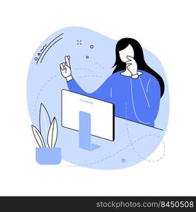 Waiting for results isolated cartoon vector illustrations. Nervous girl crossing her fingers and waiting exam results with laptop, university education process, student life vector cartoon.. Waiting for results isolated cartoon vector illustrations.