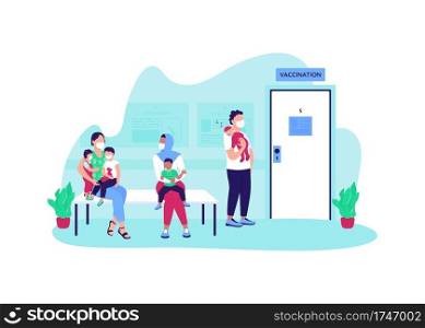 Waiting line for pediatric vaccination flat concept vector illustration. Clinic queue. Hospital visit. Parents with children 2D cartoon characters for web design. Immunization for polio creative idea. Waiting line for pediatric vaccination flat concept vector illustration