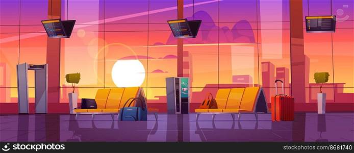 Waiting room in airport terminal with chairs, security scanner, luggage and schedule display at evening. Vector cartoon interior of departure area with seats, metal detector and sunset sky outside. Airport terminal with luggage at sunset